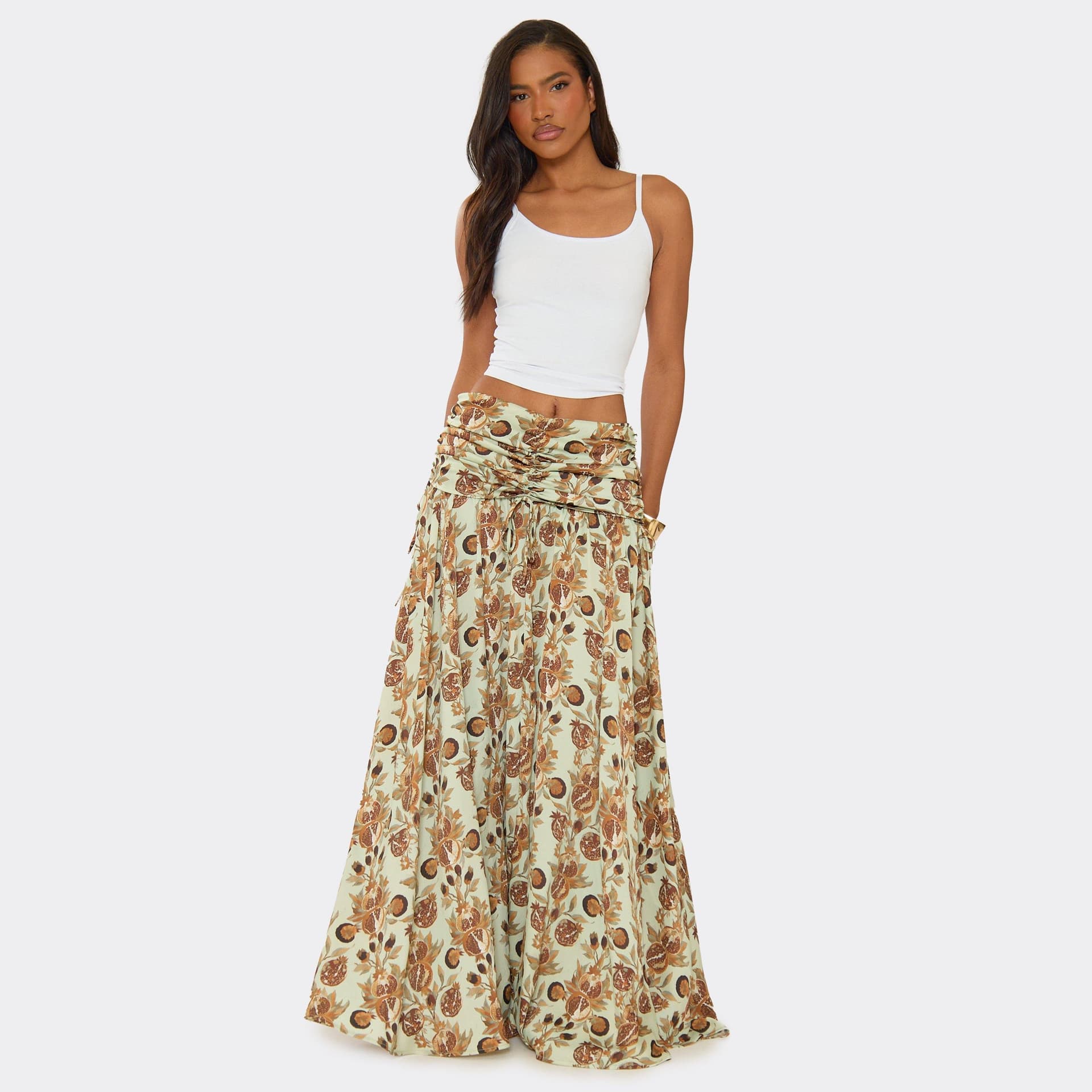 EGO Mid Rise Ruched Foldover Floaty Maxi Skirt In Multi Print Woven, Women's Size UK 6