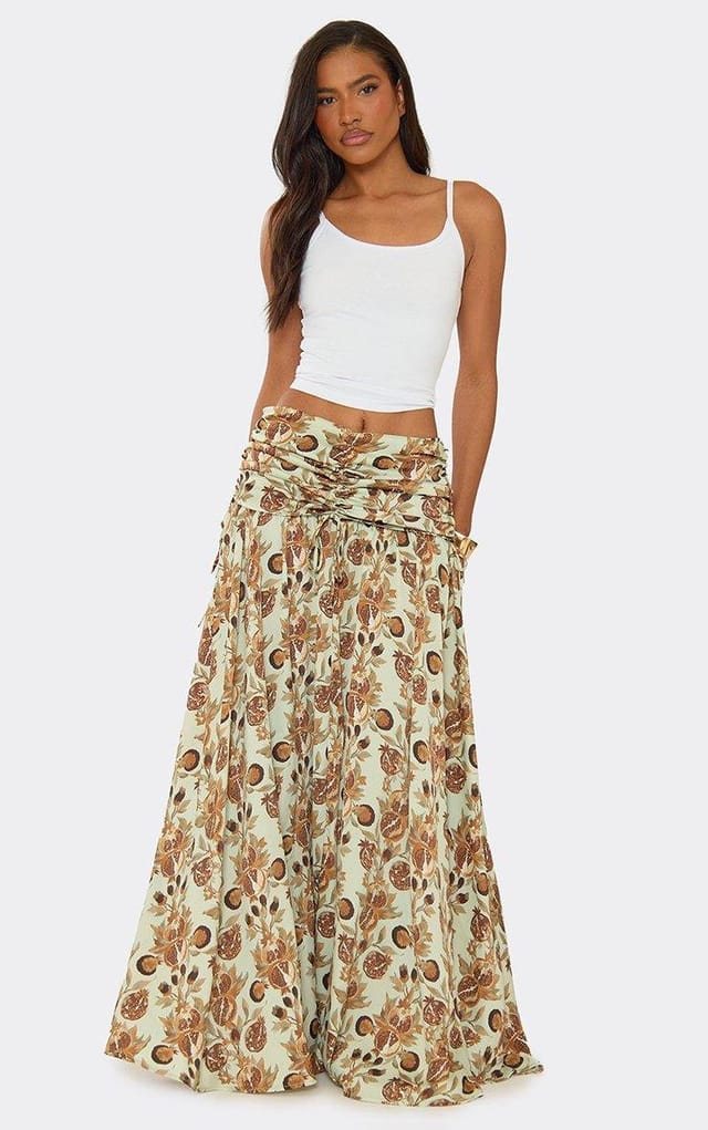 EGO Mid Rise Ruched Foldover Floaty Maxi Skirt In Multi Print Woven, Women's Size UK 6 - 2