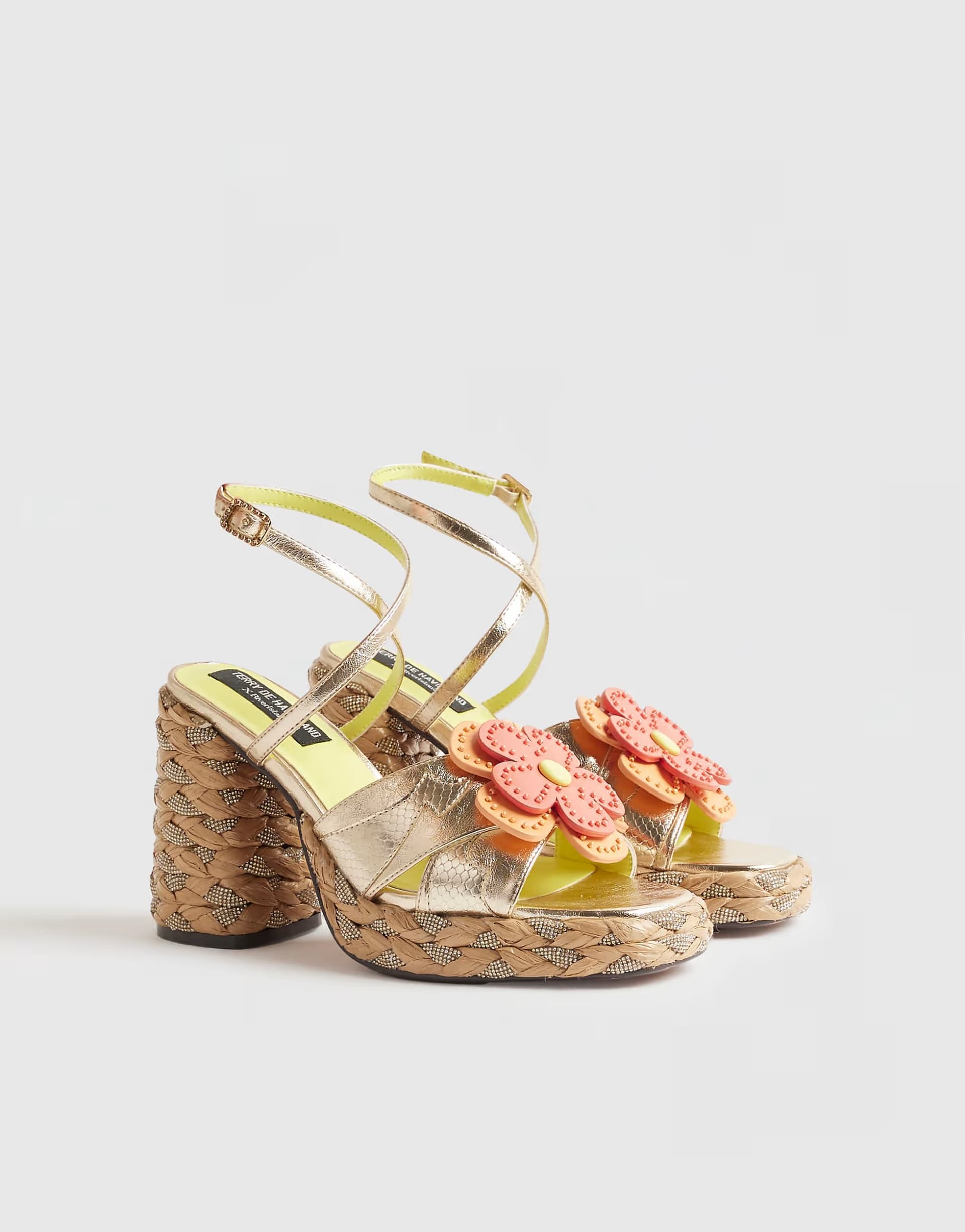 ASOS River Island Gold raffia heel flower sandals in multi colour
