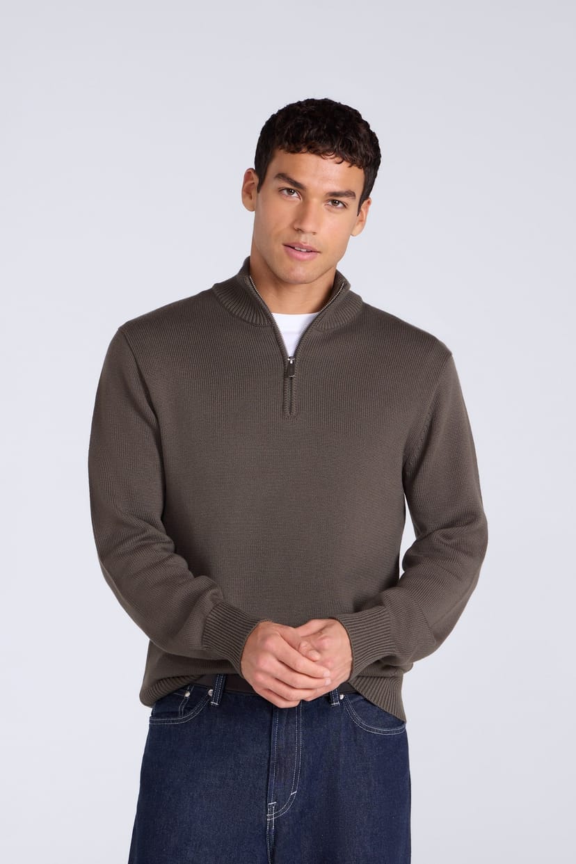 Animal Animal Men's Soft Comfortable Casual Stretchy Anti-Pill Ribbed Warm 1/4 Zip Jumper in Khaki - 1