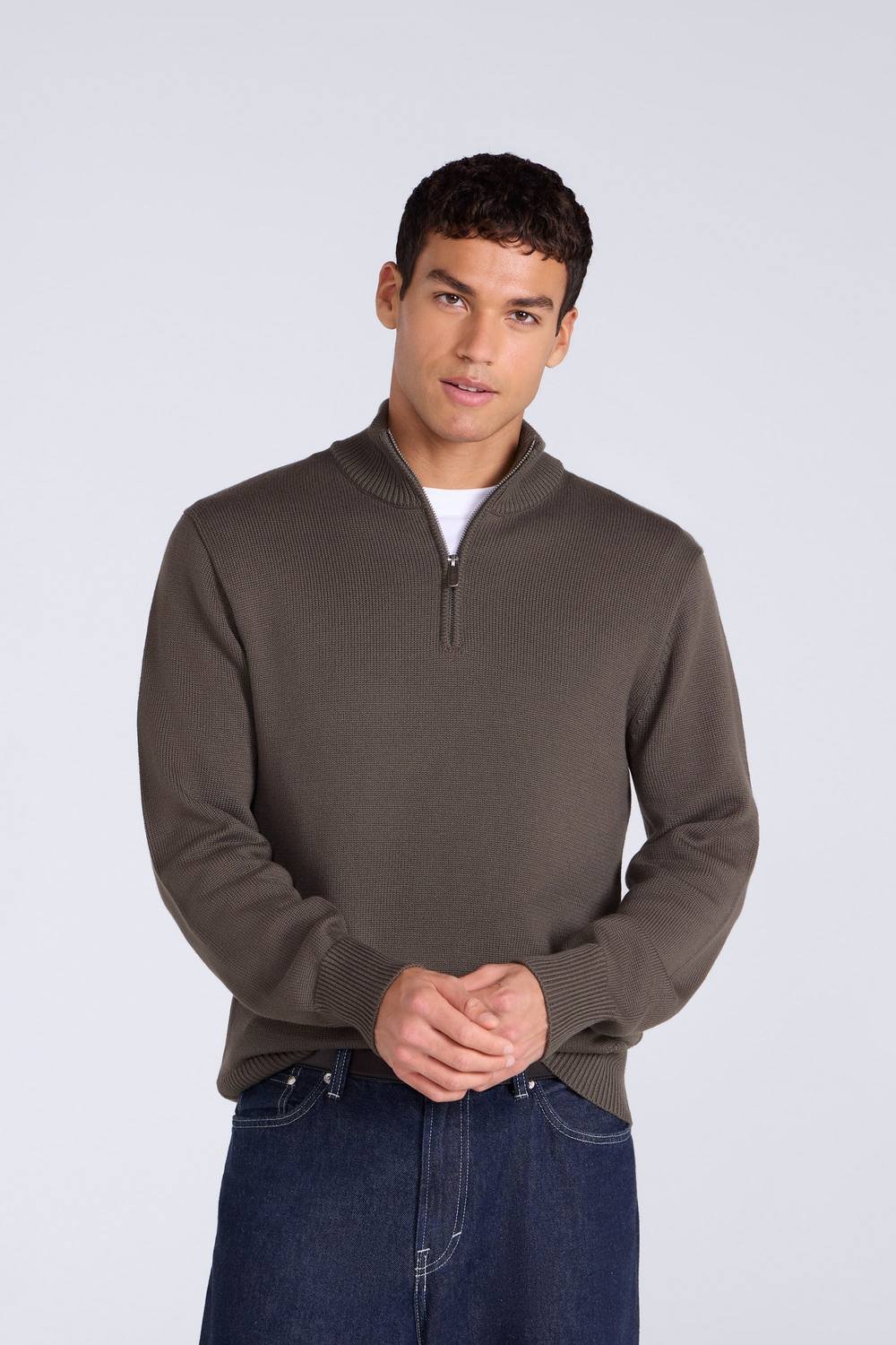 Animal Animal Men's Soft Comfortable Casual Stretchy Anti-Pill Ribbed Warm 1/4 Zip Jumper in Khaki - 3