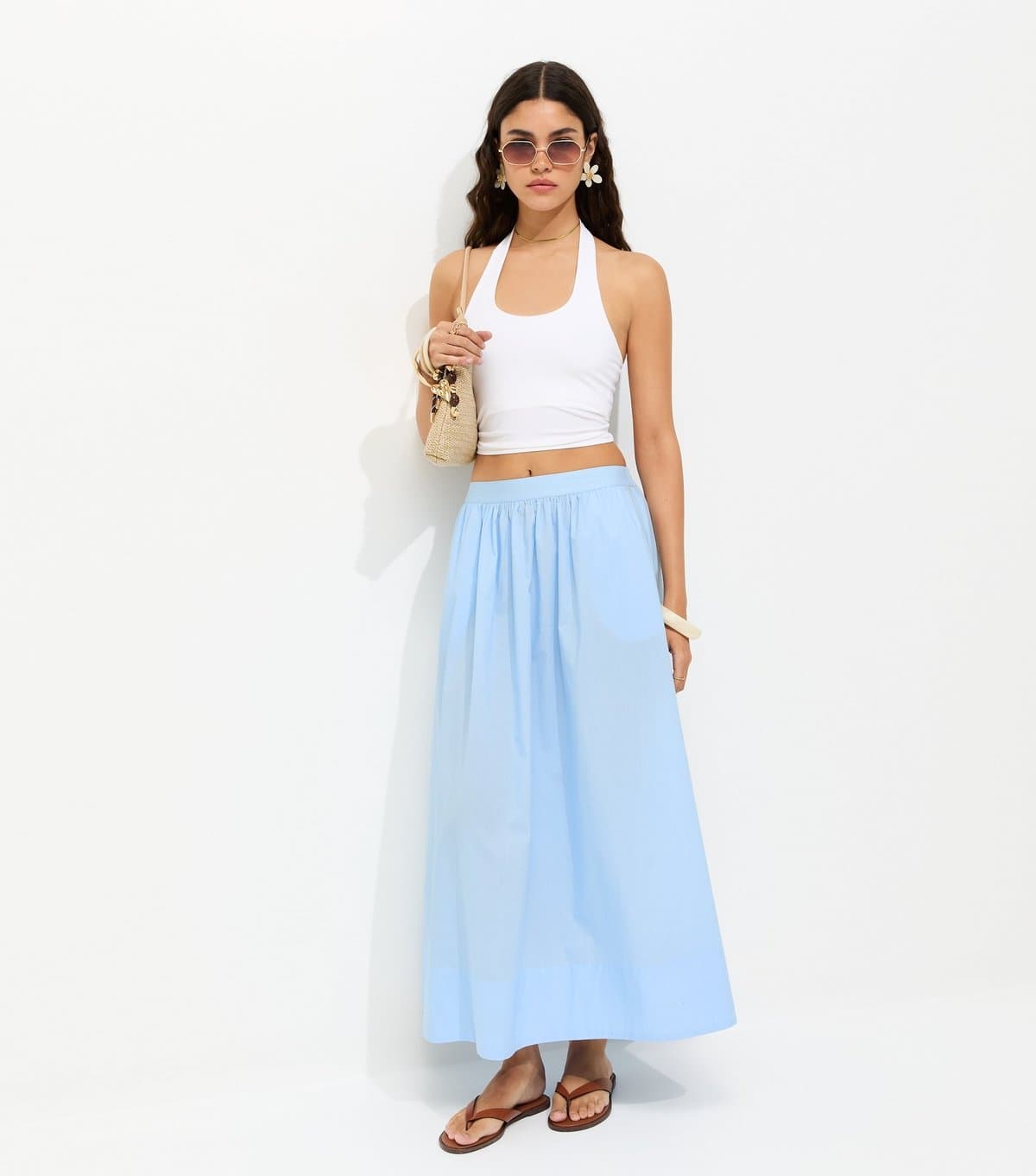 New Look New Look Light Blue Cotton Poplin Midi Skirt