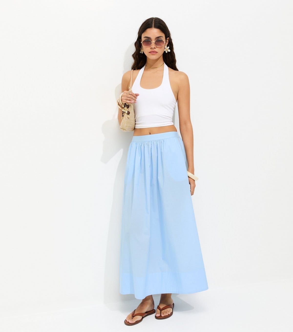New Look Light Blue Cotton Poplin Midi Skirt