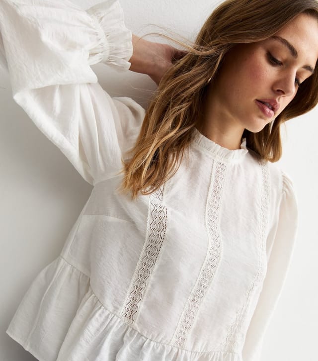 New Look Women's White Lace Insert Frill Neck Blouse New Look - 2