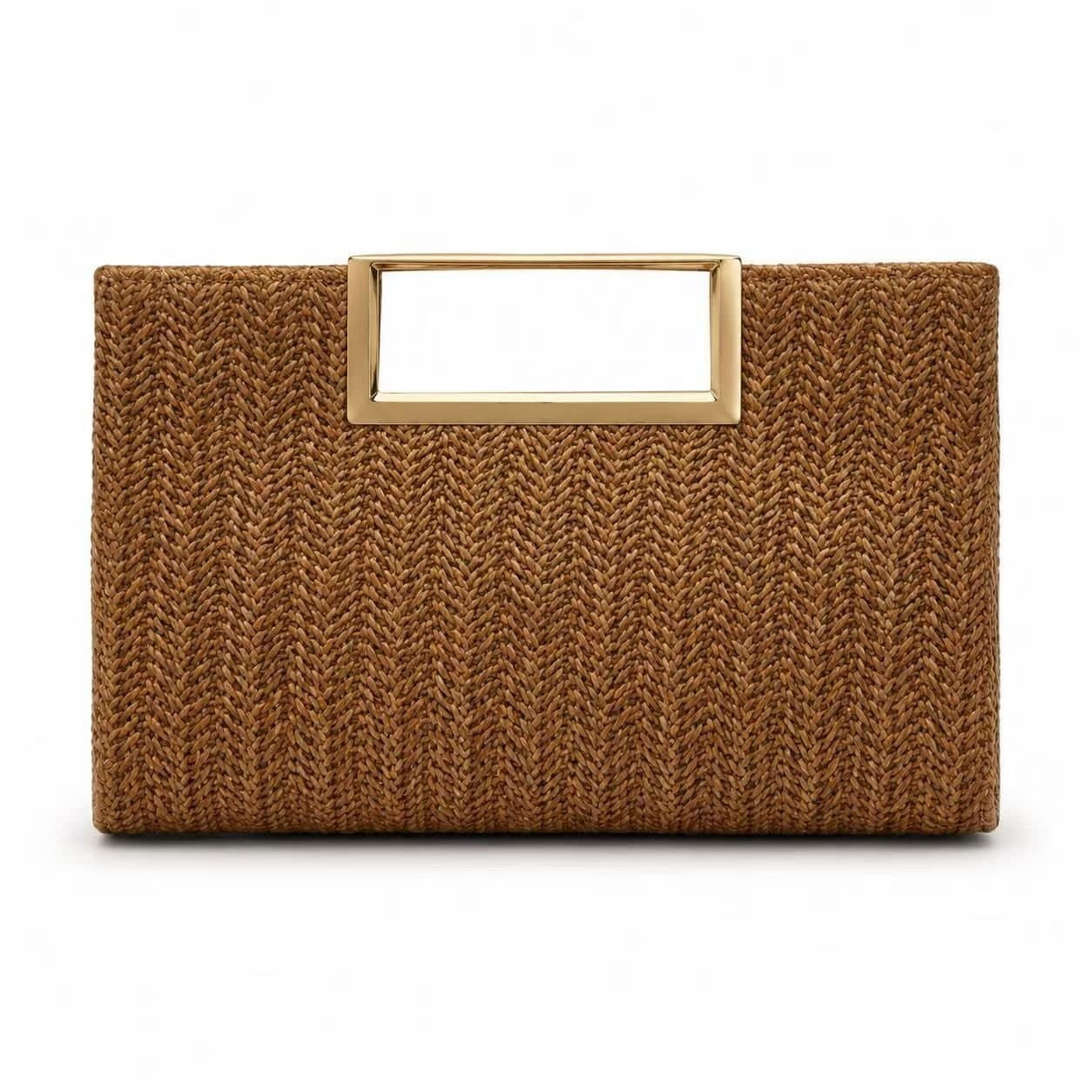 Chrisbella London Chrisbella London Brown Woven Clutch Bag with Gold Tone Handle