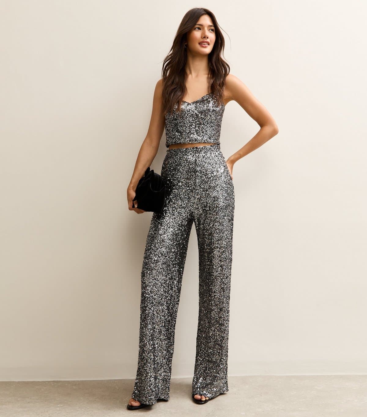 New Look New Look Pewter Sequin Wide Leg Trousers
