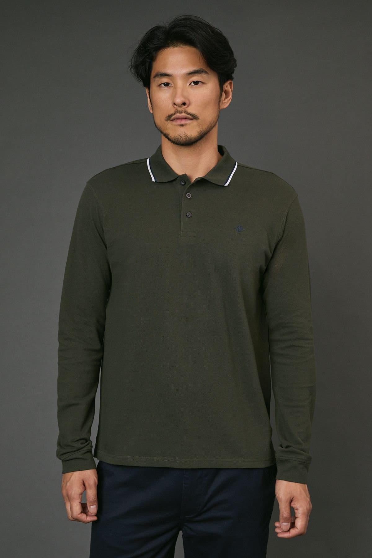 Maine Maine Men's Dark Khaki Long Sleeve Pique Polo Shirt