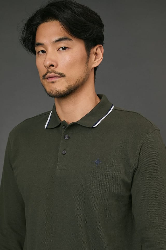 Maine Maine Men's Dark Khaki Long Sleeve Pique Polo Shirt - 3