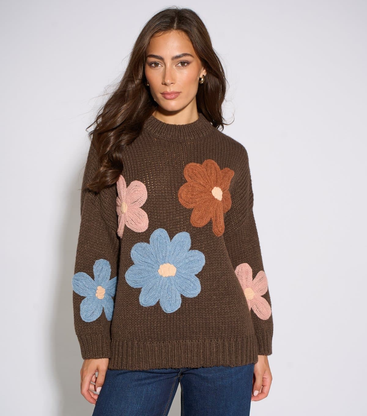 Gini London Women's Dark Brown Crochet Flowers Knitted Jumper Gini London New Look