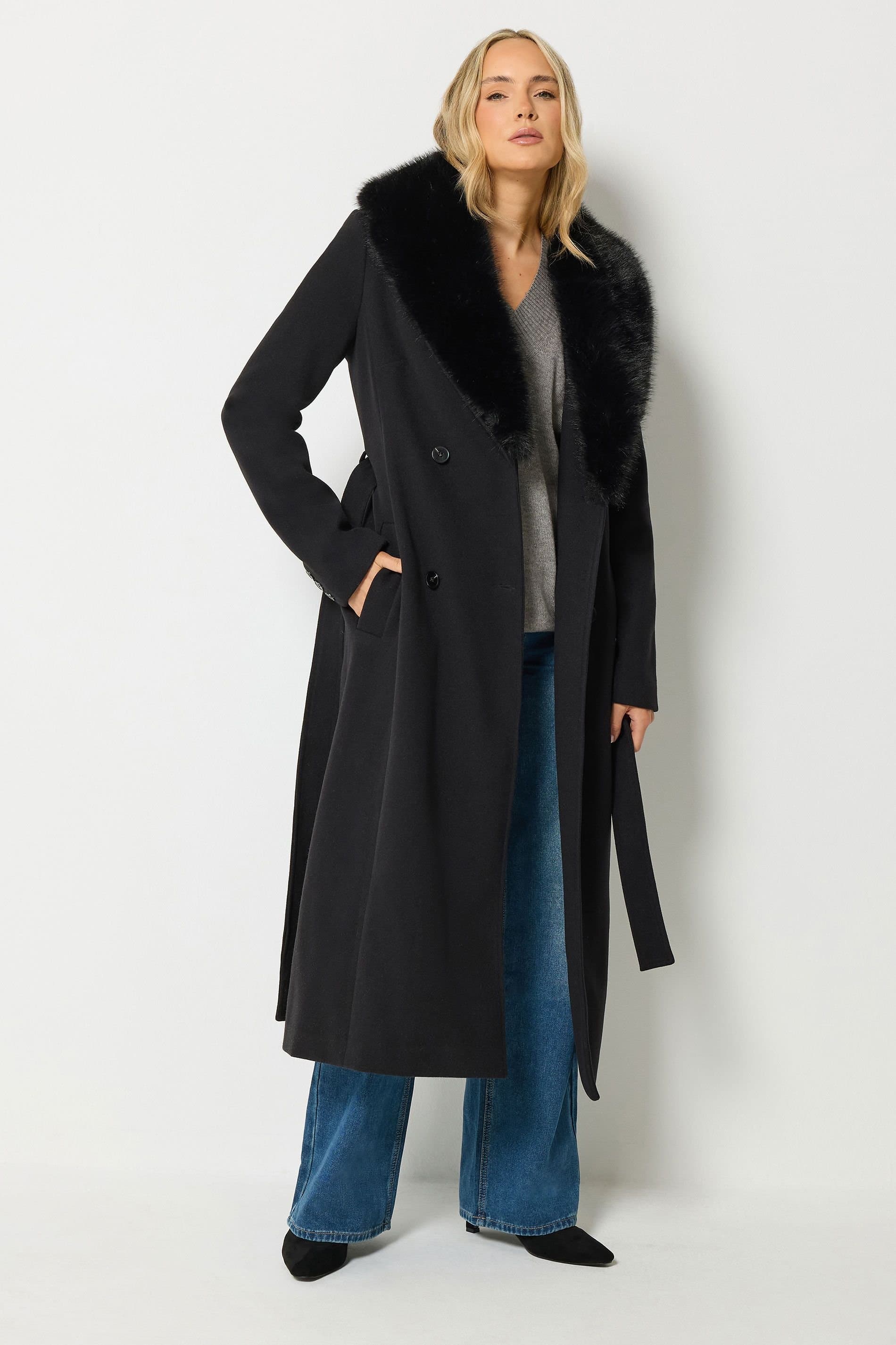 Long Tall Sally Long Tall Sally Women's Tall Faux Fur Collar Midi Coat in Black