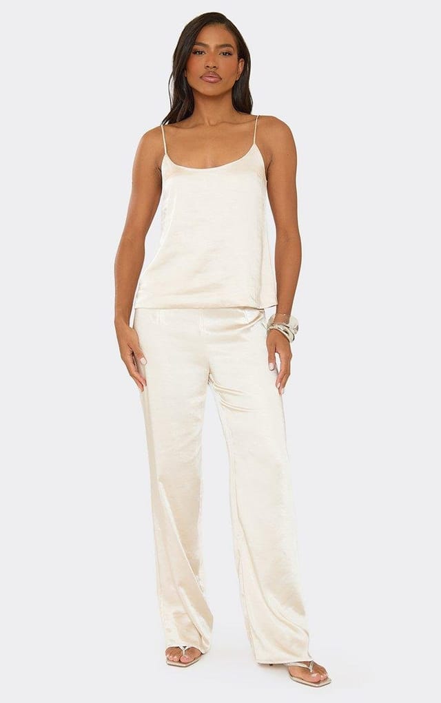 EGO Mid Rise Straight Leg Tailored Trousers In Cream Satin, Women's Size UK 6 - 2