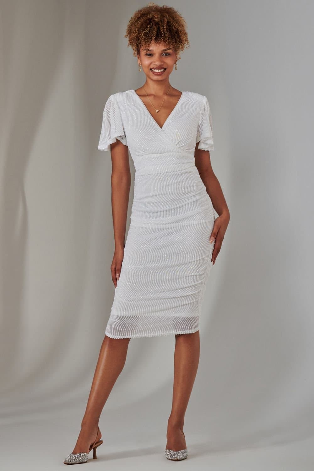 Jolie Moi Jolie Moi Women's Flare Sleeve Ruched Sequin Dress in White