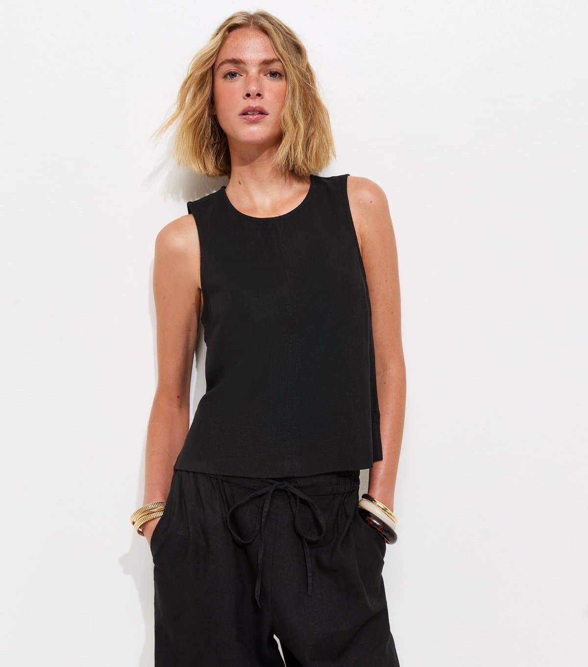 New Look New Look Black Linen Blend Sleeveless Top