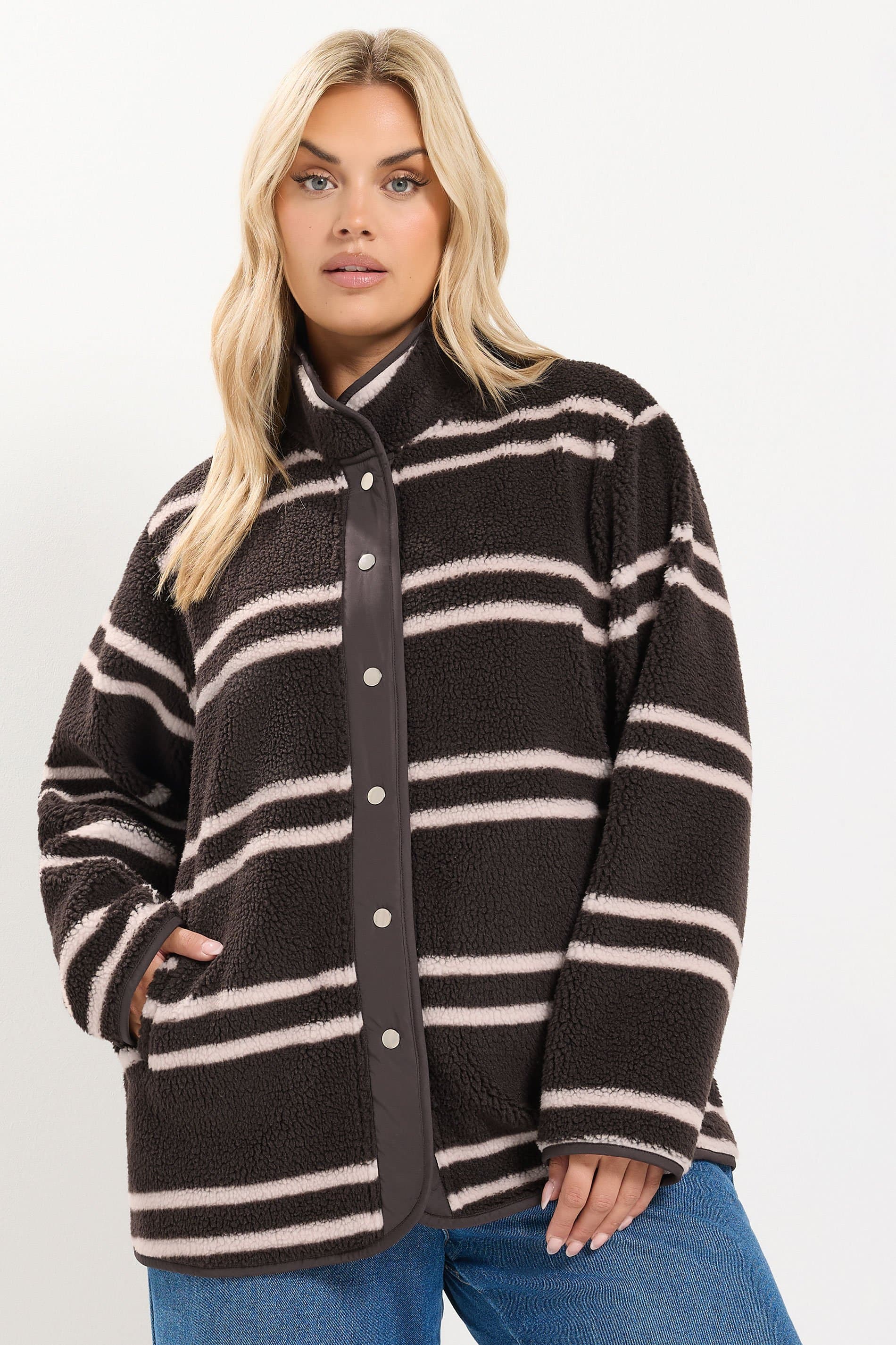 Yours Plus Size Chocolate Brown Stripe Placket Fleece