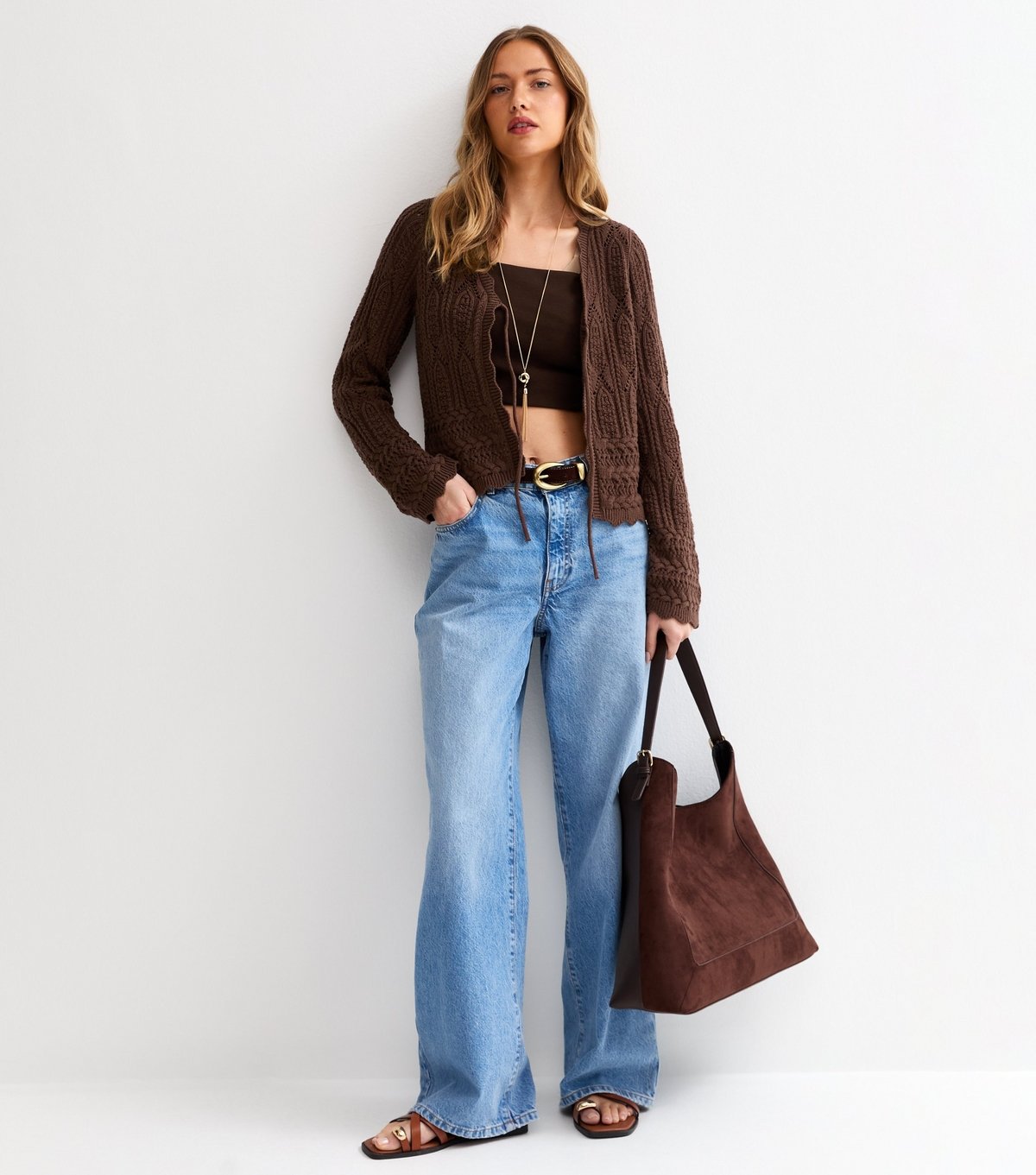 New Look Women's Dark Brown Cotton Rich Crochet Tie Front Cardigan New Look - 3