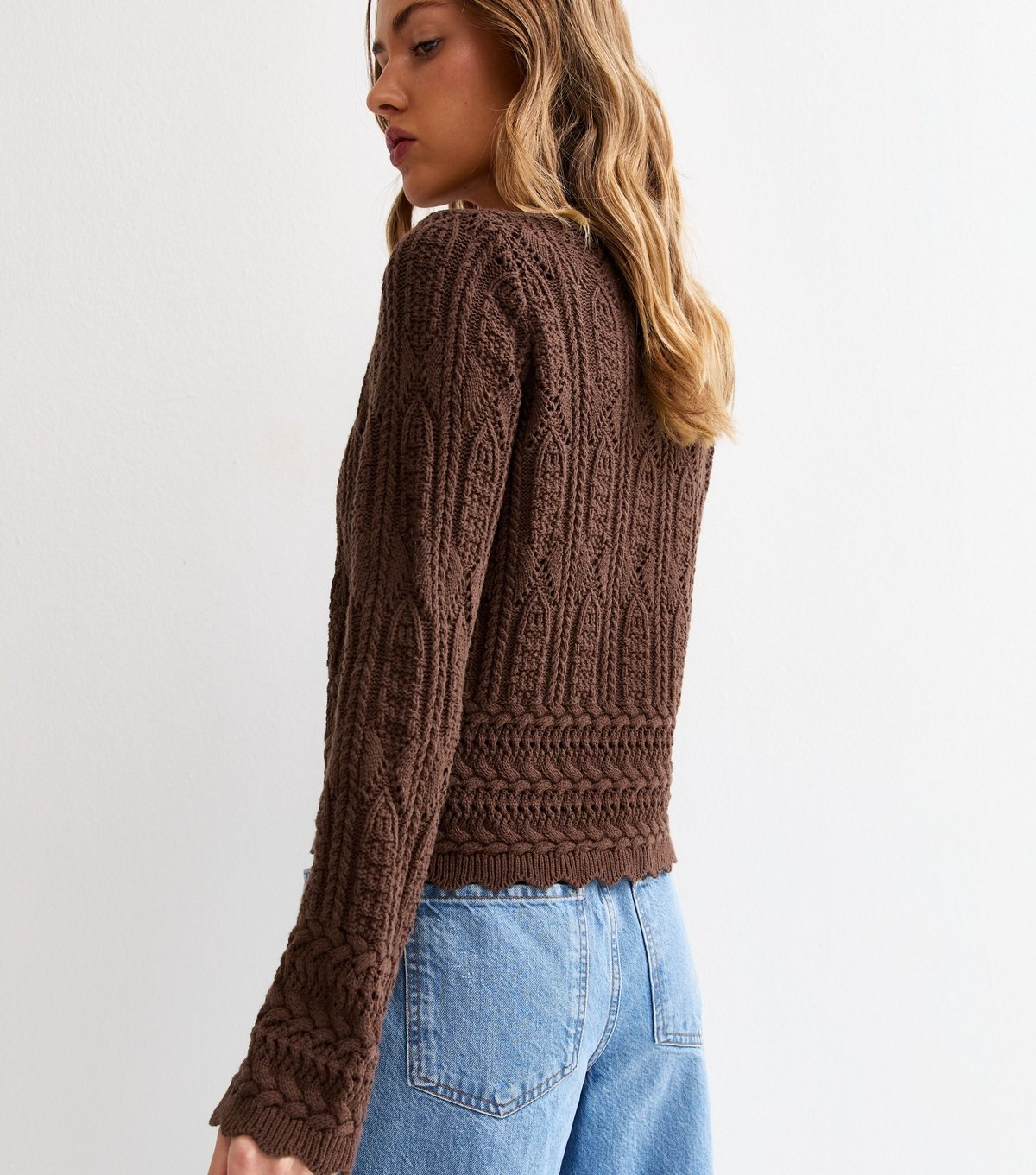 New Look Women's Dark Brown Cotton Rich Crochet Tie Front Cardigan New Look - 4