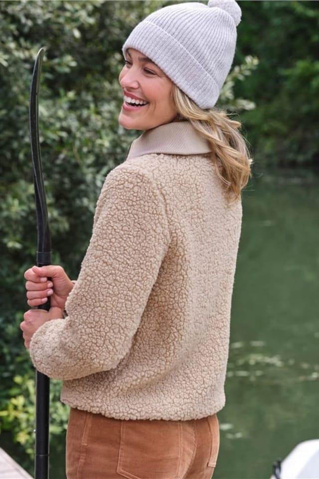 WoolOvers WoolOvers Women's Creek Borg Ribbed Collar Jacket in Beige - 3