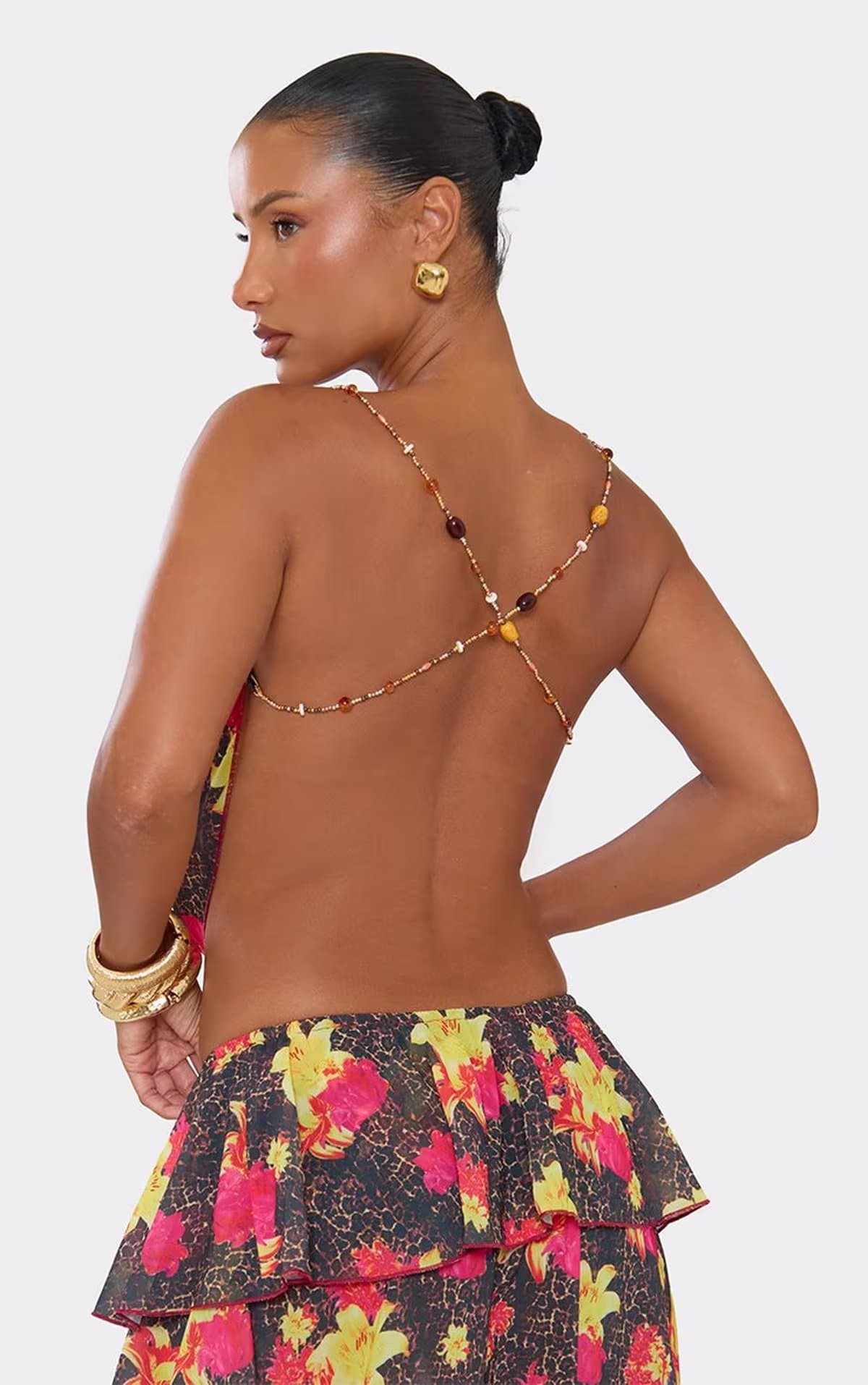 EGO Cowl Neck Beaded Detail Open Back Top In Multi Floral Animal Print, Women's Size UK 6