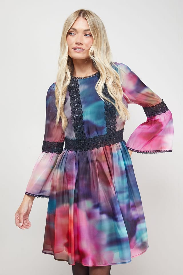 Oasis Oasis Women's Lace Trim Fluted Sleeve Mini Prom Dress - 2