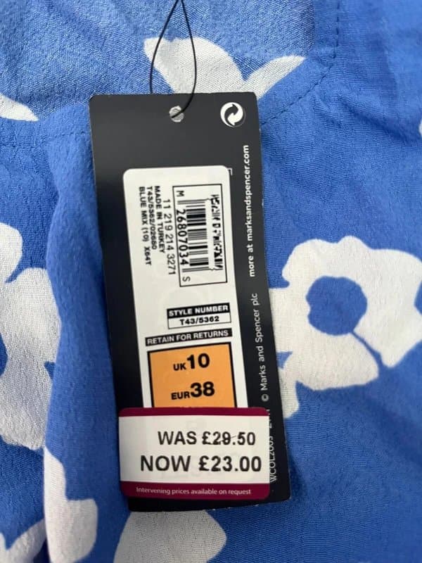 Marks & Spencer M&S Blouse Top Shirt Size 10 Blue Floral 3/4 Sleeve Women'ss Zip NEW EU38 RRP £29