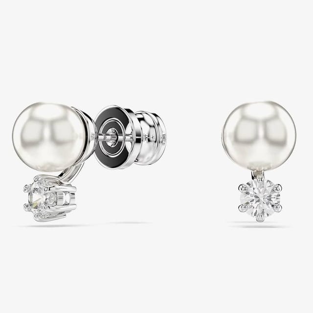 Swarovski Swarovski Women's Matrix Rhodium Plated Crystal Pearl Stud Earrings 5694225 in Silver - 2