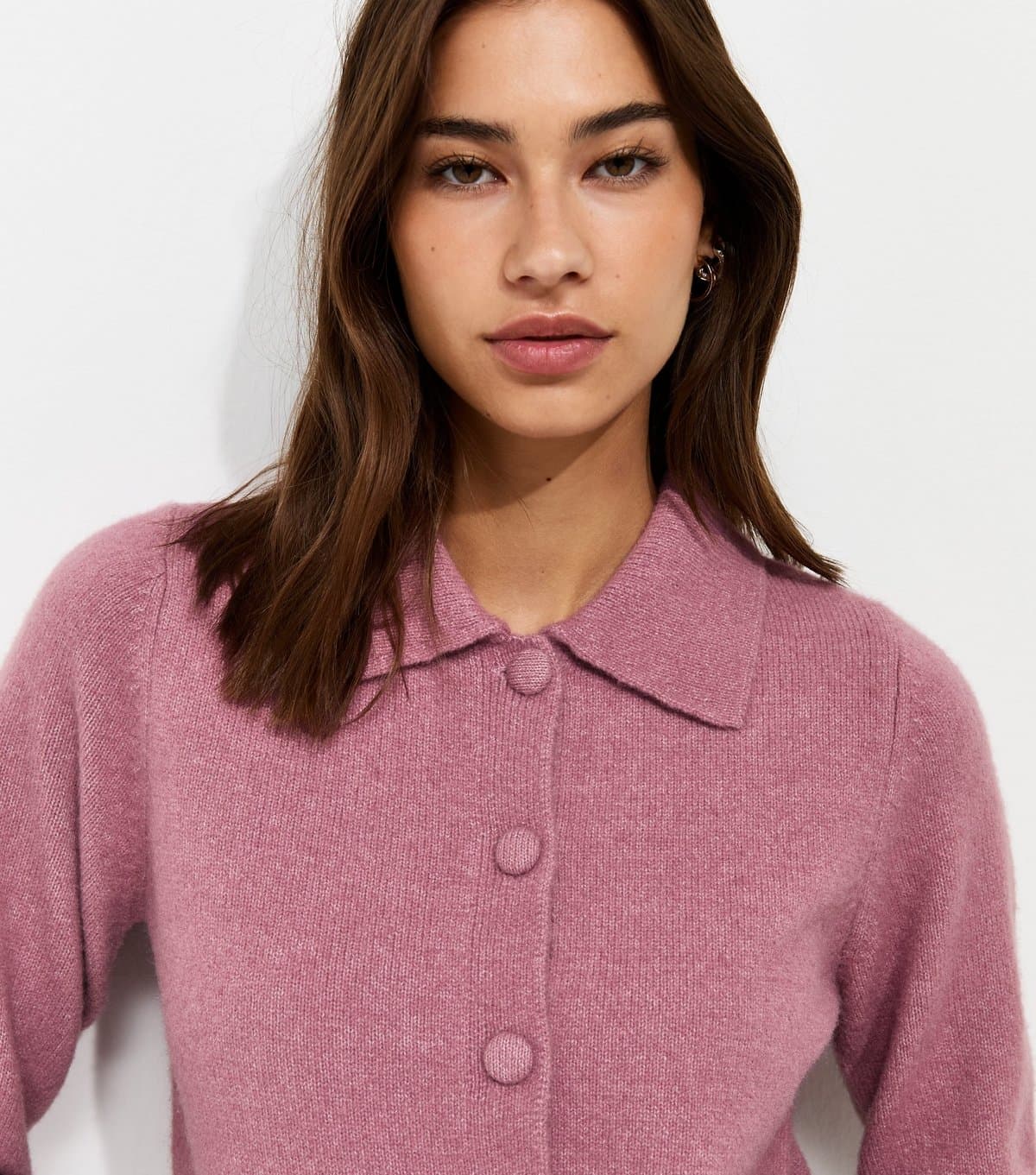 New Look Women's Dark Pink Midweight Knit Collared Button Front Cardigan New Look