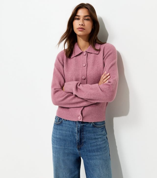 New Look Women's Dark Pink Midweight Knit Collared Button Front Cardigan New Look - 2
