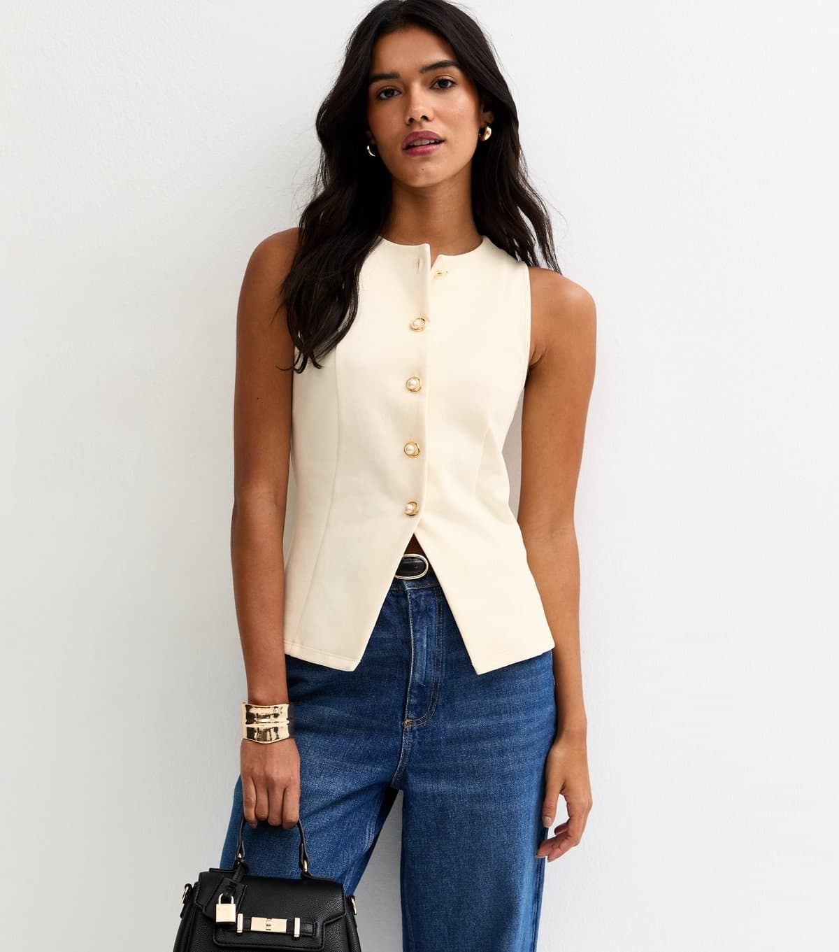 New Look Women's Off White Jersey Faux-Pearl Button Waistcoat New Look