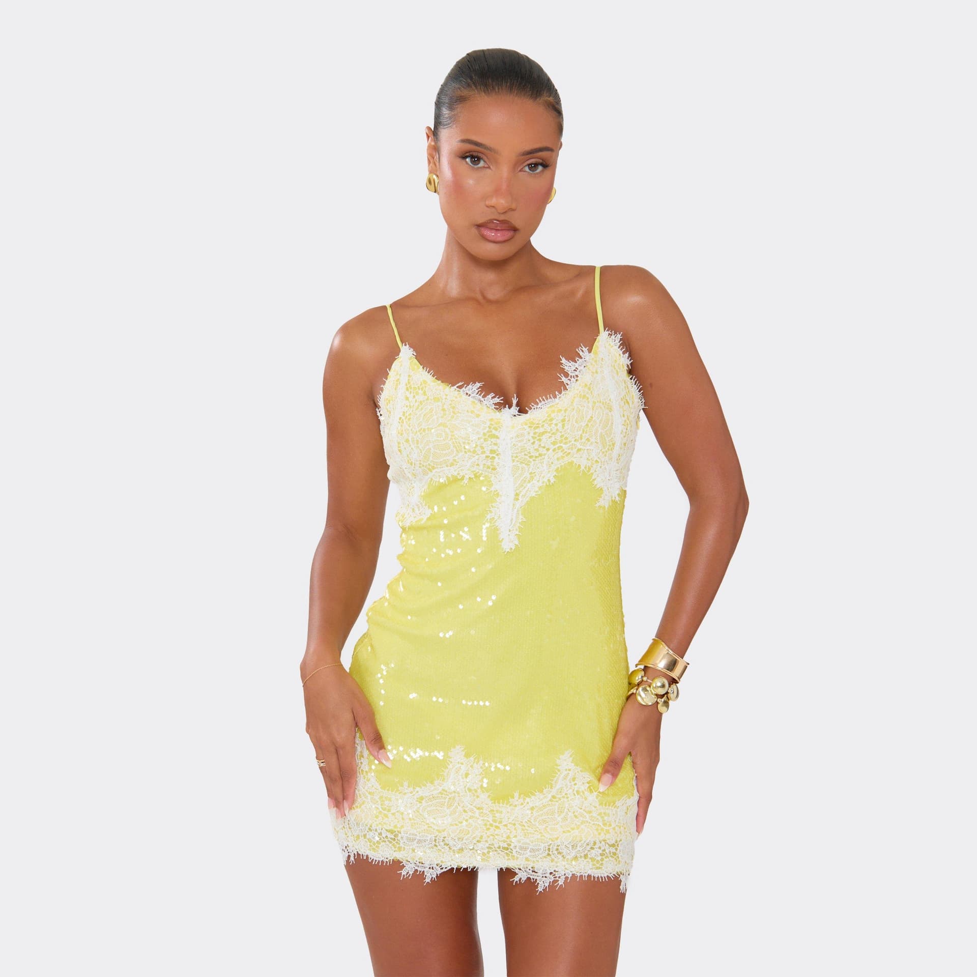 EGO Strappy Plunge Neck Lace Trim Mini Dress In Lemon Sequin, Women's Size UK 4