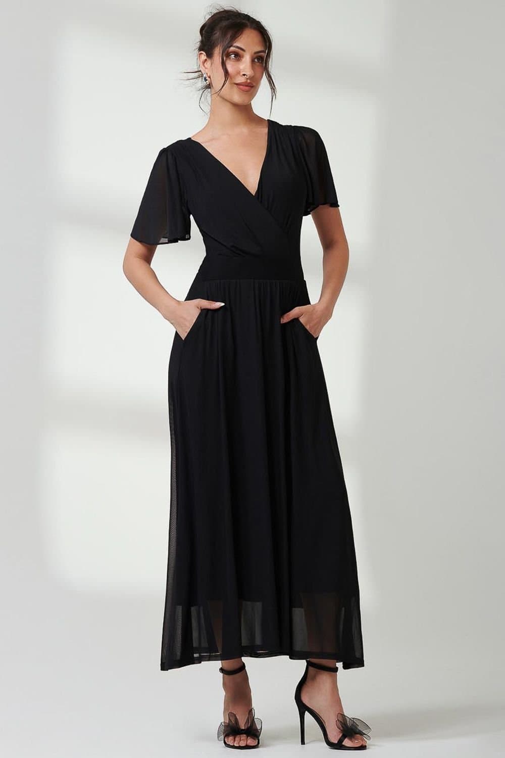 Jolie Moi Jolie Moi Women's Angel Sleeve Mesh Maxi Dress in Black