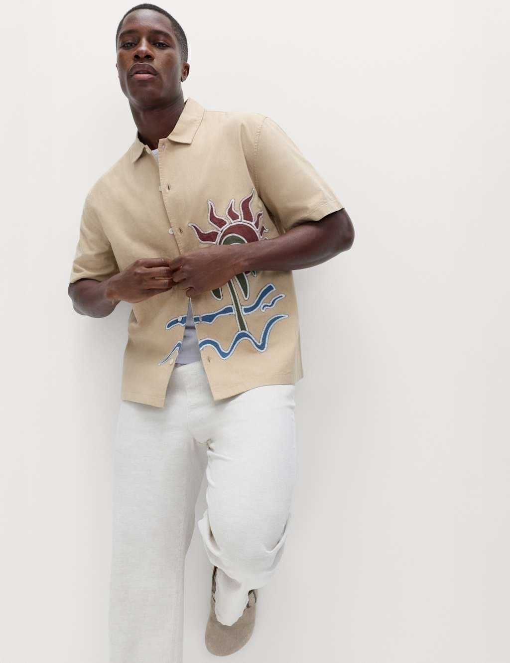 Marks & Spencer M&S Cotton Rich Embroidered Short Sleeve Shirt Natural