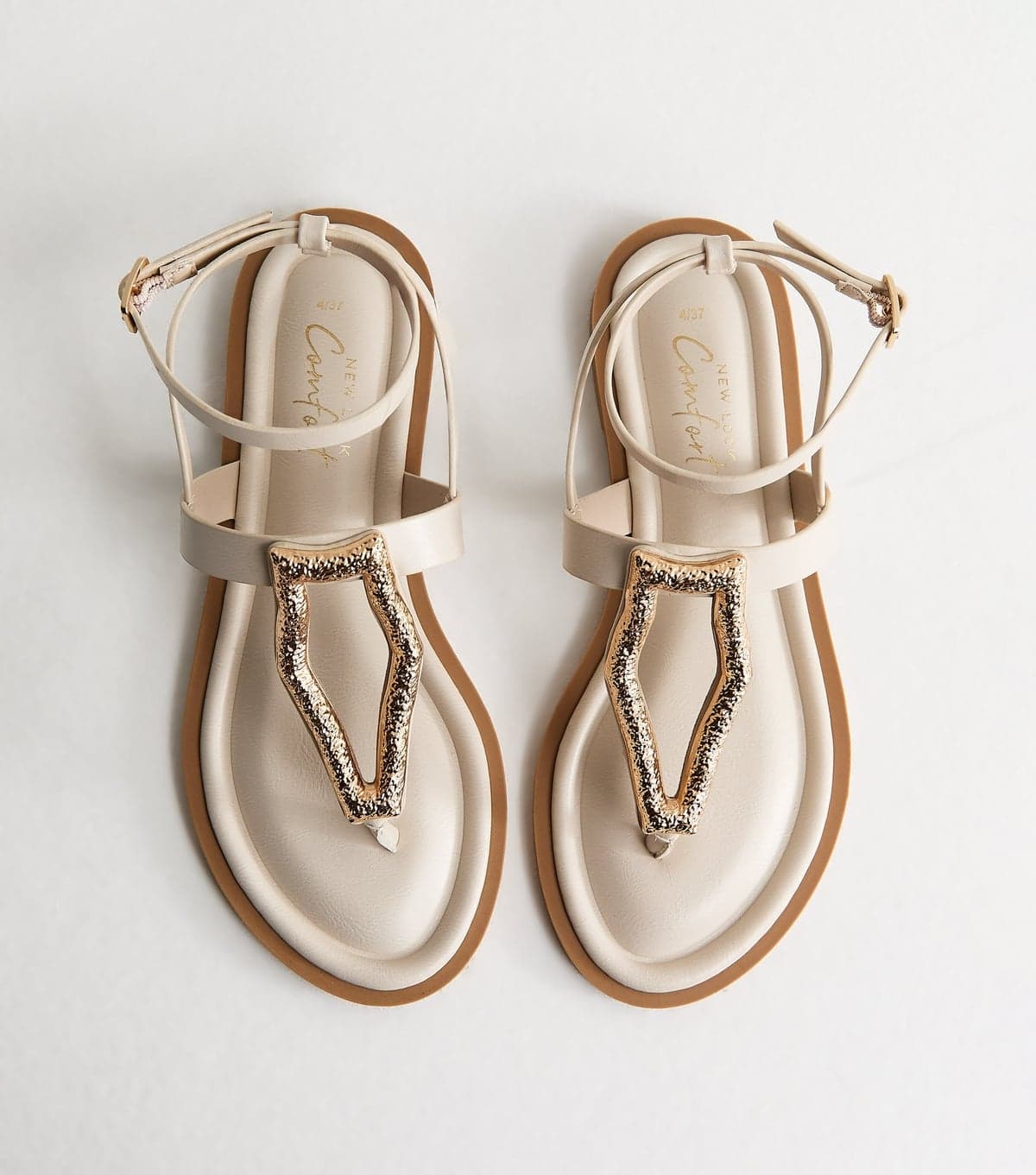 New Look Women's Off White Faux Leather Metal Detail Sandals Vegan New Look