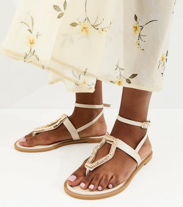 New Look Women's Off White Faux Leather Metal Detail Sandals Vegan New Look - 2