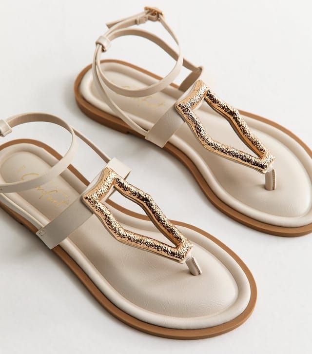 New Look Women's Off White Faux Leather Metal Detail Sandals Vegan New Look - 3