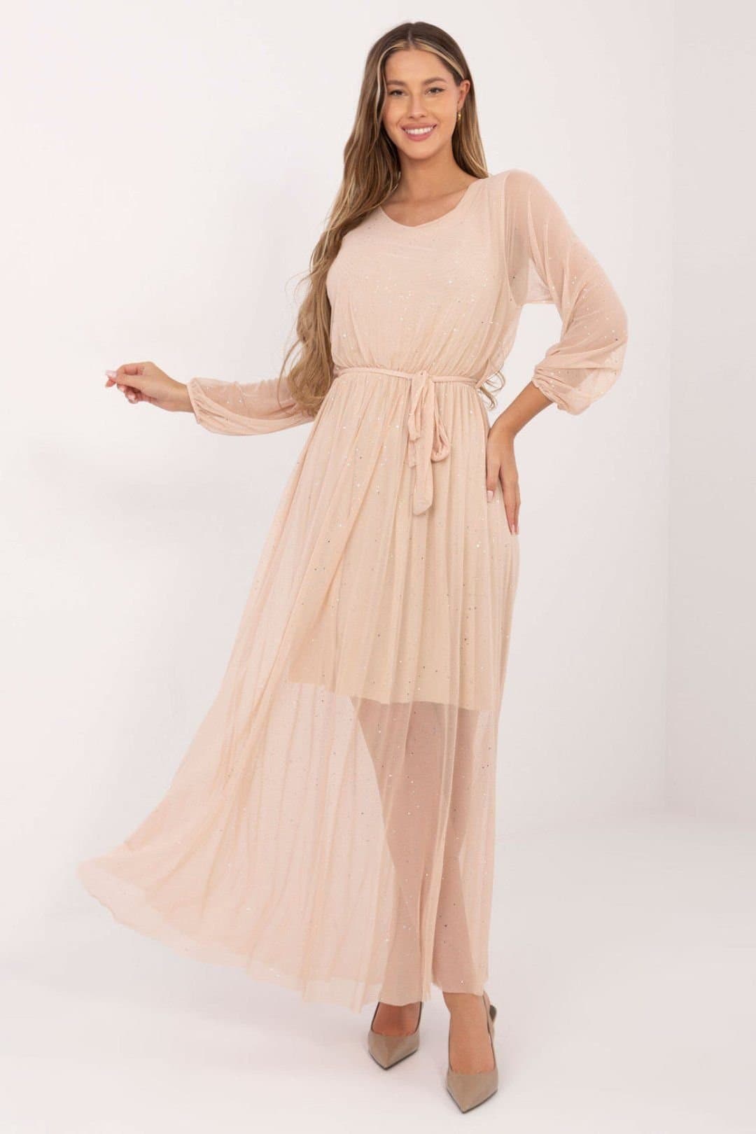 Love Lace Love Lace Women's Elegant Mesh Maxi Dress with Tie Waist in Beige