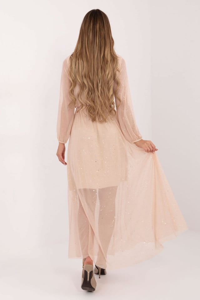 Love Lace Love Lace Women's Elegant Mesh Maxi Dress with Tie Waist in Beige - 2