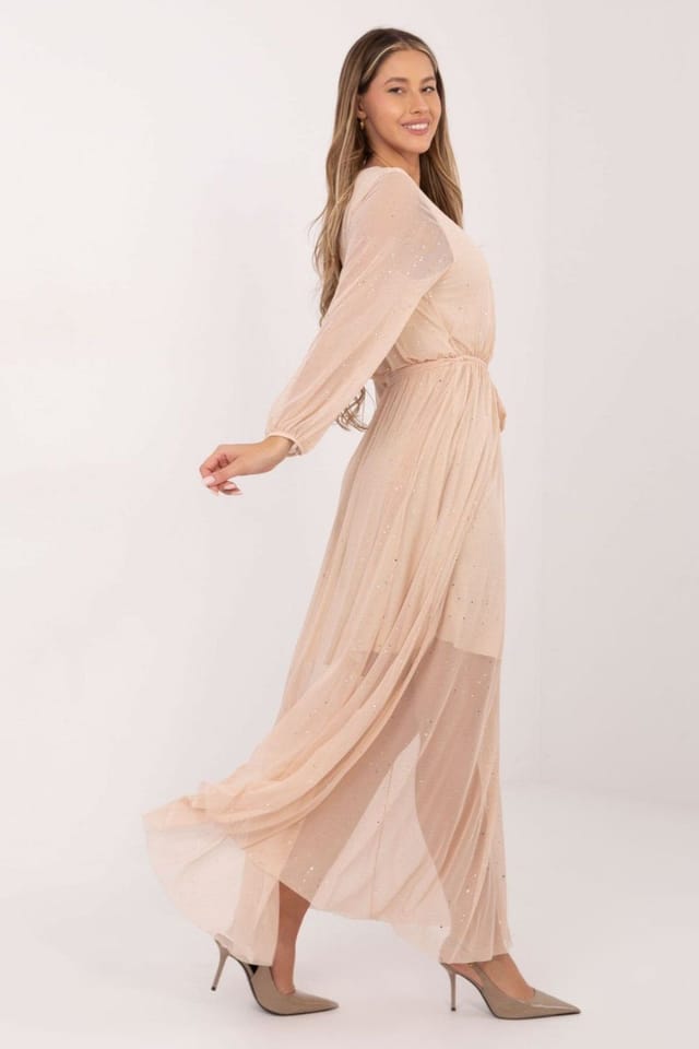Love Lace Love Lace Women's Elegant Mesh Maxi Dress with Tie Waist in Beige - 3