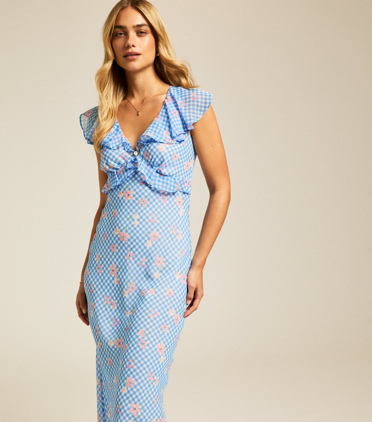 New Look Women's Blue Gingham Floral Print Ruffle Midi Dress New Look - 3