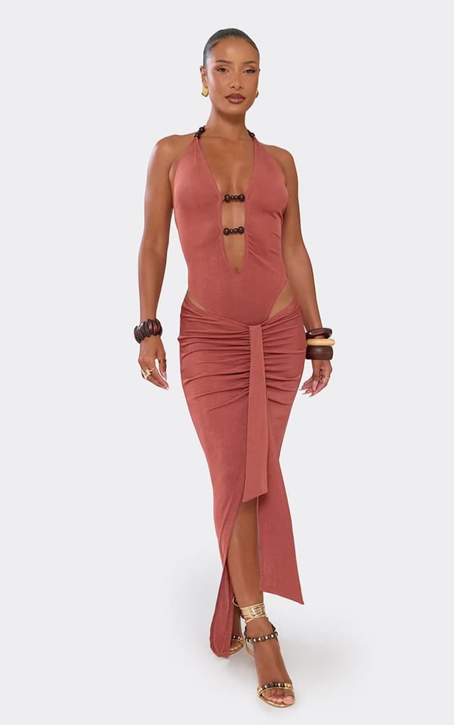 EGO Plunge Halterneck Cut Out Beaded Detail Bodysuit In Rust, Women's Size UK 6 - 2