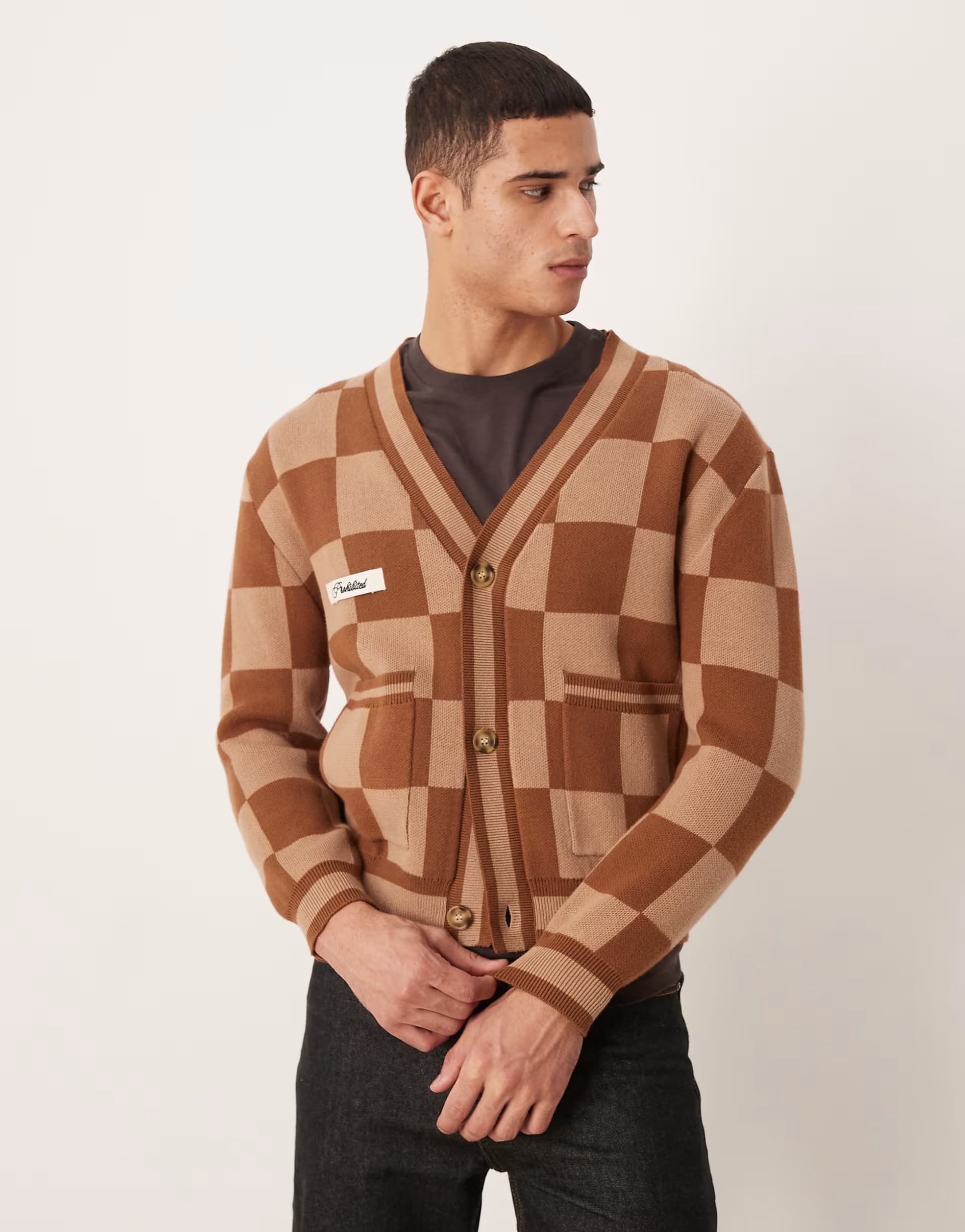 ASOS Prohibited checked cardigan in brown