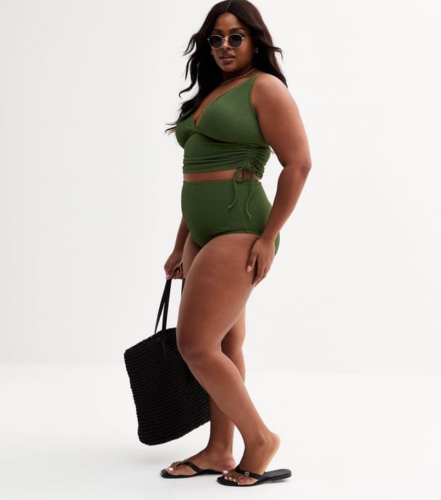 New Look Women's Plus Size Khaki Textured Jersey High Waisted Bikini Bottoms Curves New Look - 3