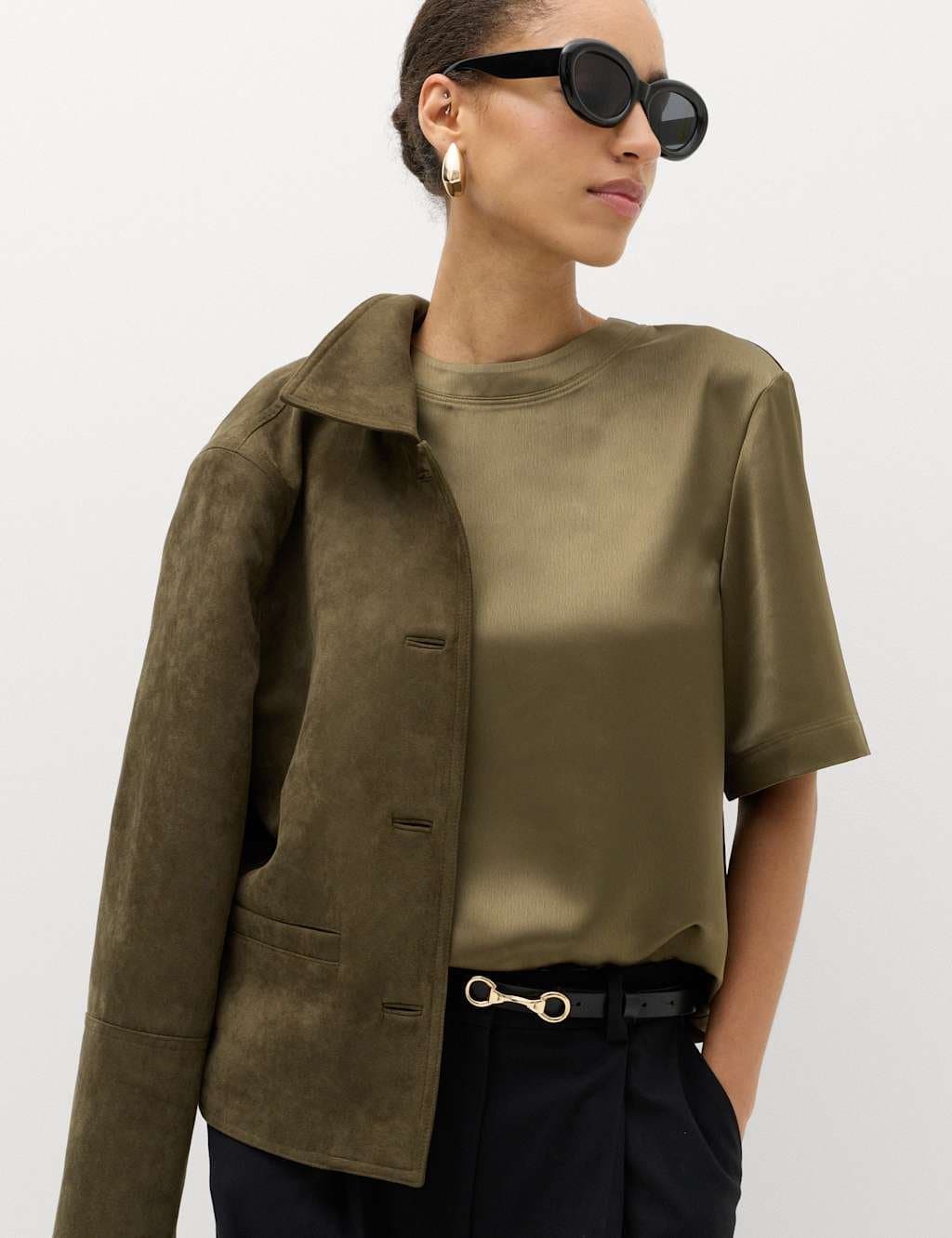 Marks & Spencer M&S Dark Olive Satin T-Shirt