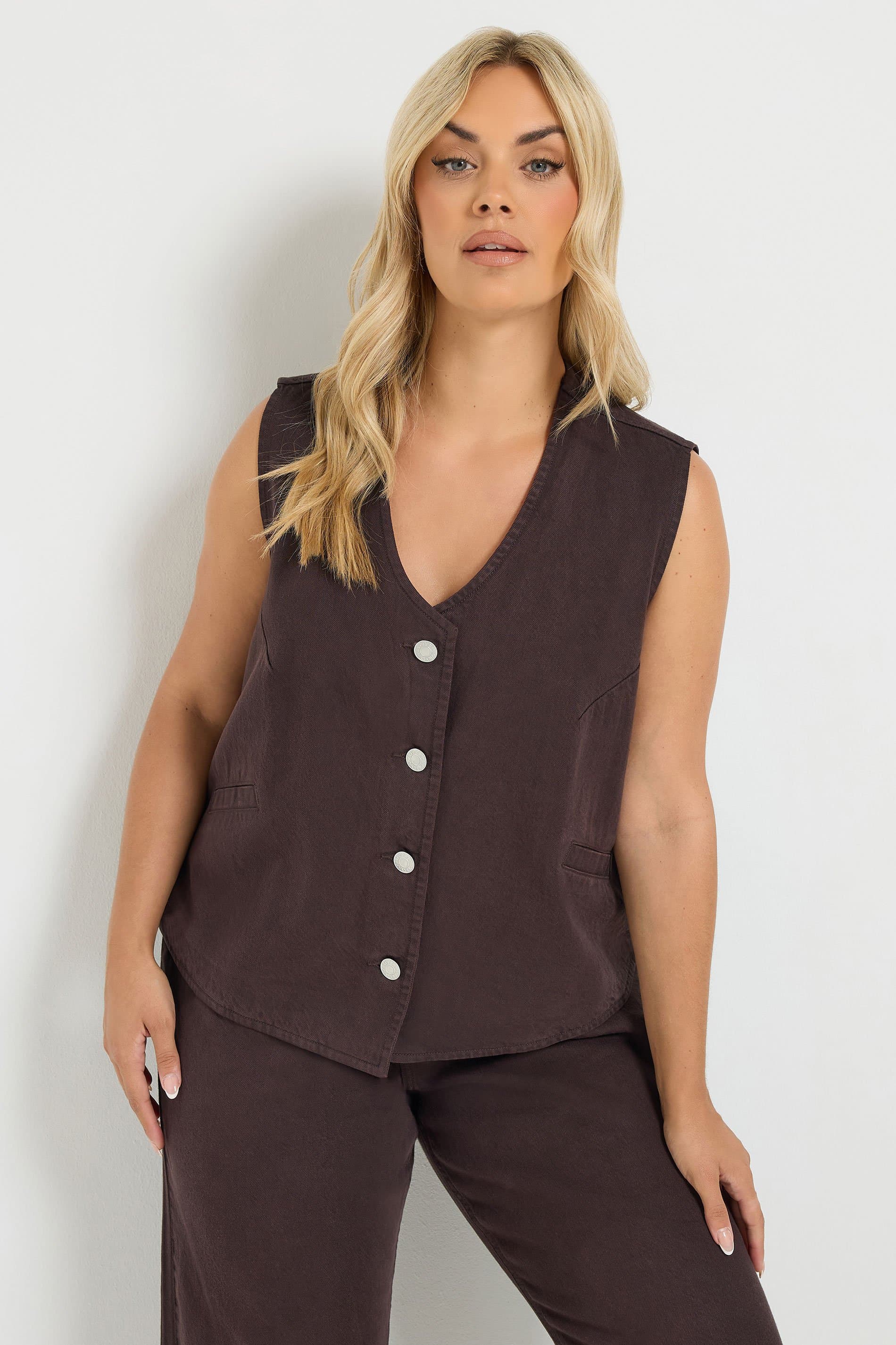 Yours Plus Size Chocolate Brown Denim Waistcoat