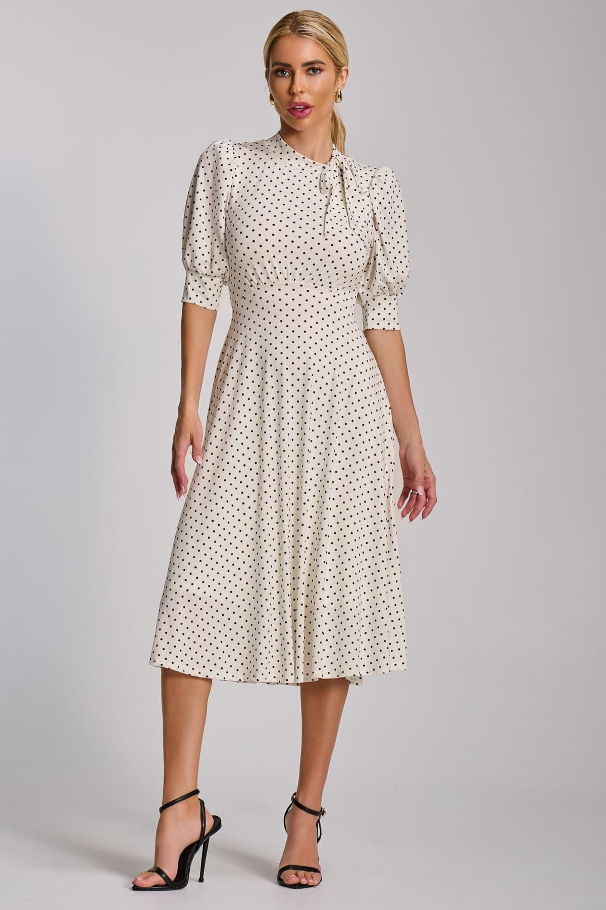 Jolie Moi Jolie Moi Women's Tie Neck Puffy Sleeve Jersey Midi Dress in Off-White