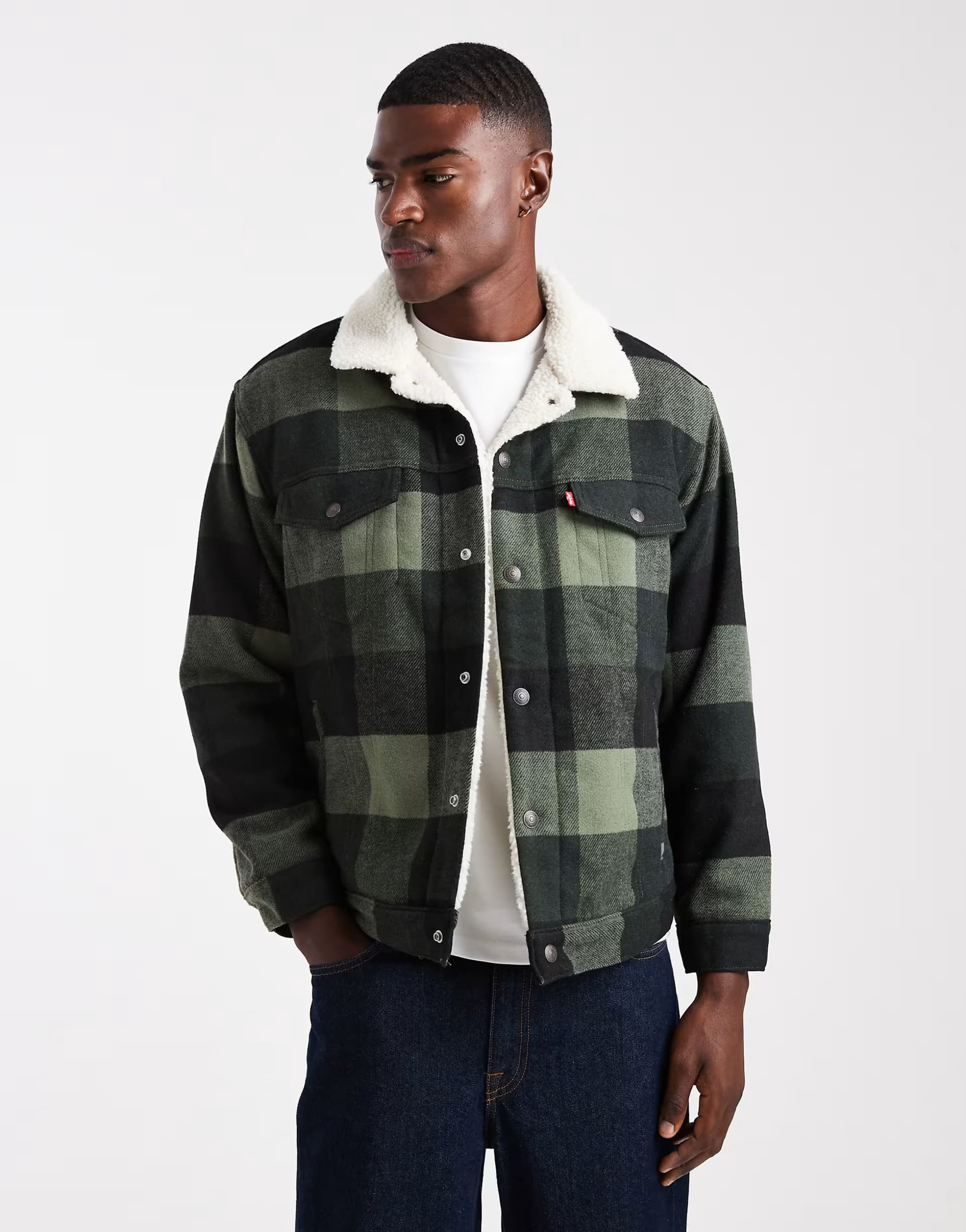 ASOS Levi's relaxed fit block check sherpa trucker jacket in charcoal
