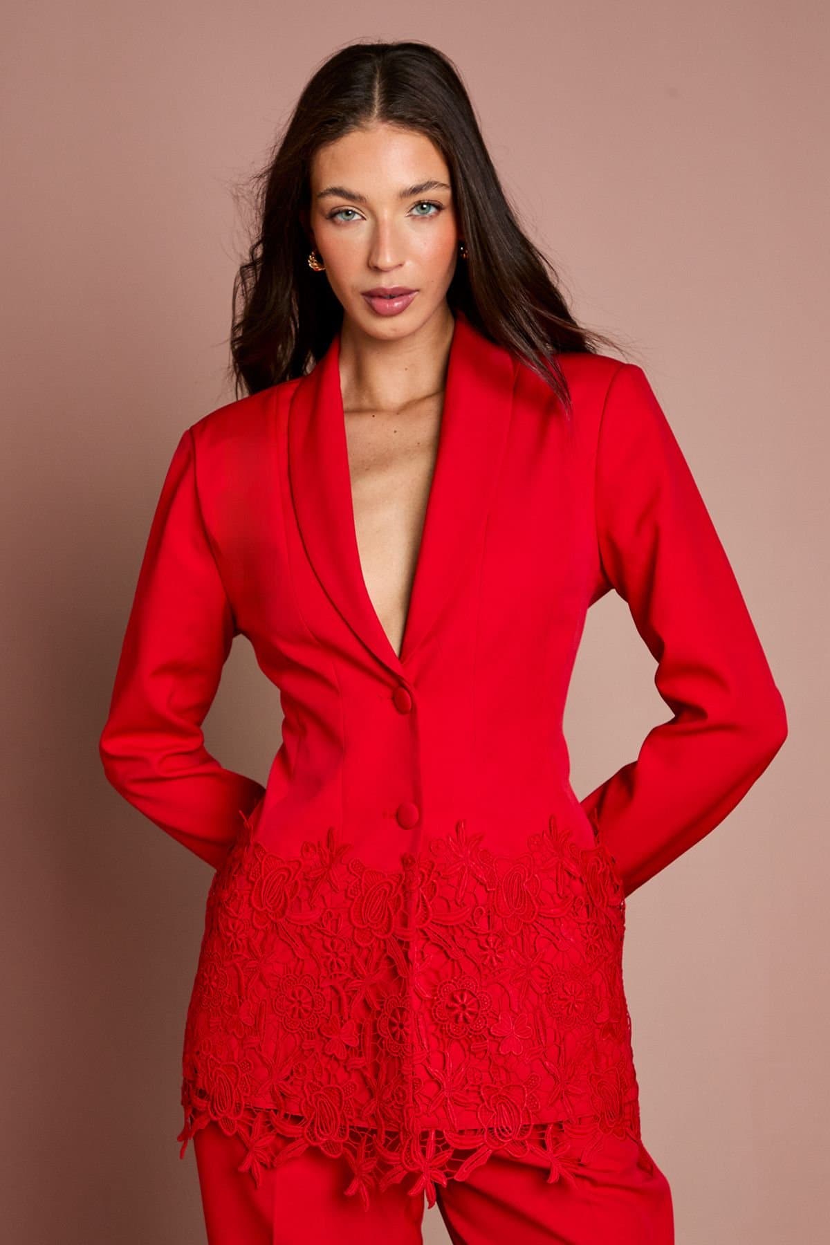 Coast Coast Women's Single Breasted Lace Trim Fitted Blazer in Red