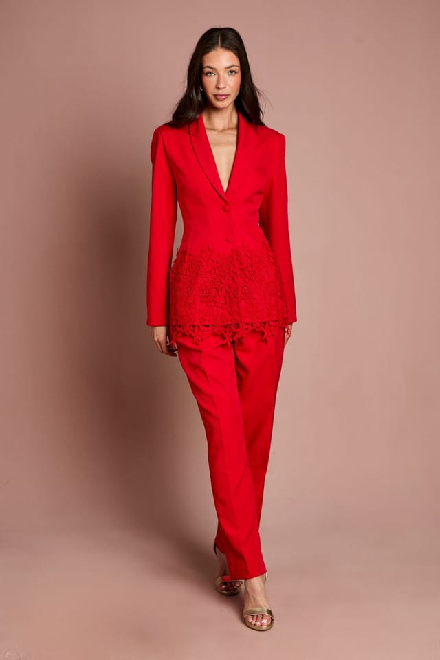 Coast Coast Women's Single Breasted Lace Trim Fitted Blazer in Red - 2