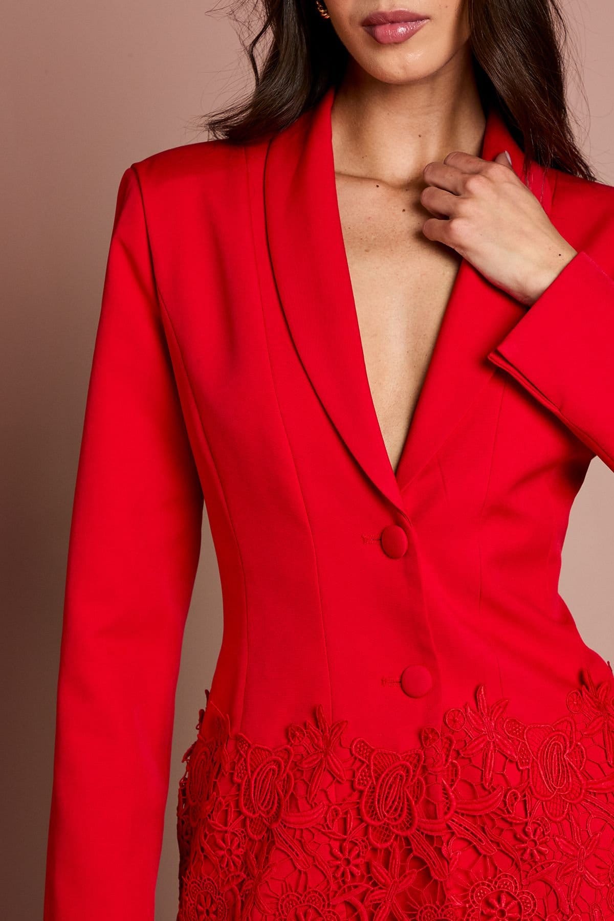 Coast Coast Women's Single Breasted Lace Trim Fitted Blazer in Red - 4