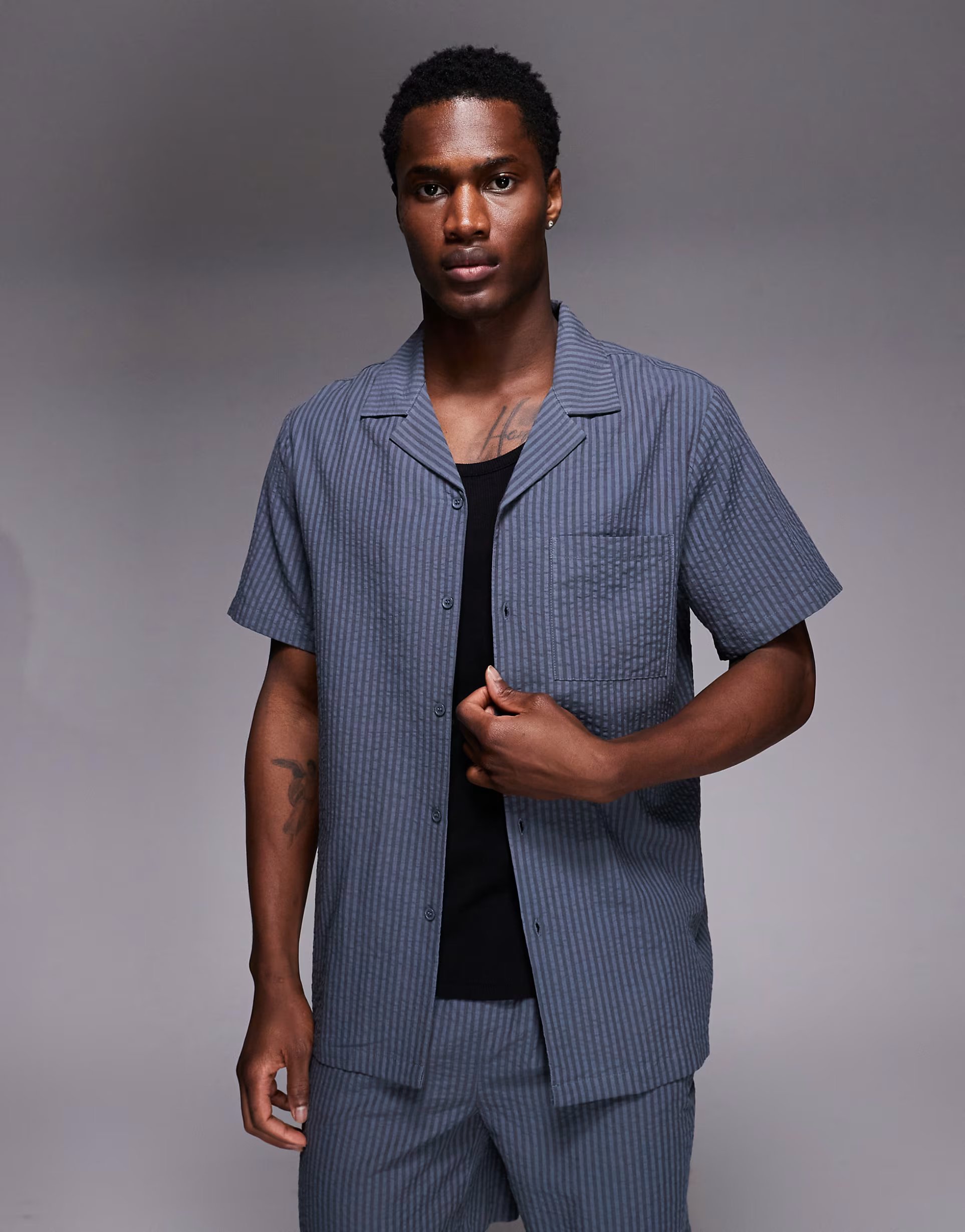 ASOS South Beach seersucker shirt in petrol blue - 1