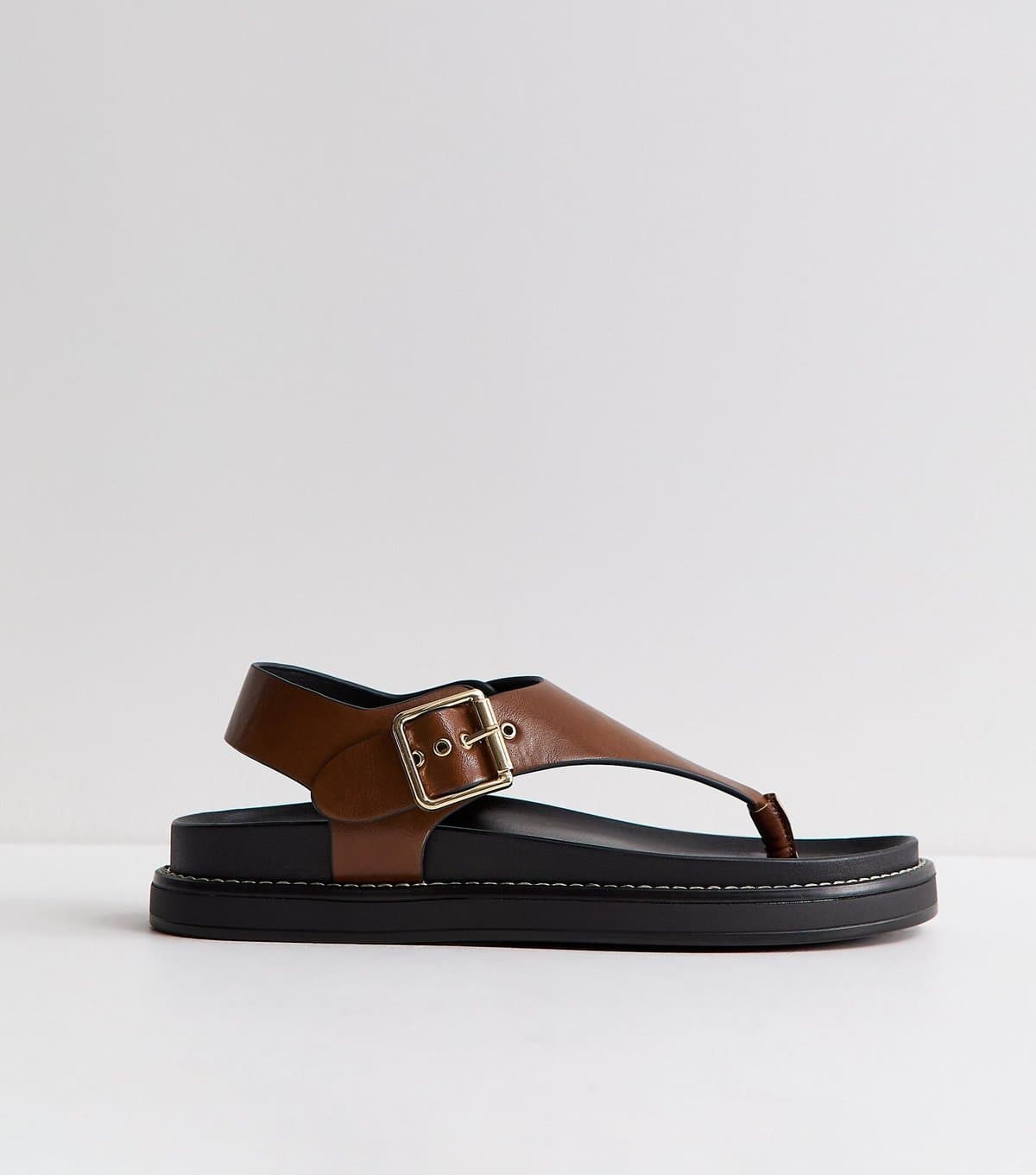 New Look Women's Tan Faux Leather Toe Post Chunky Flat Sandals Vegan New Look